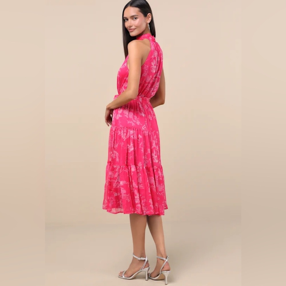 Lulu’s Float to You Hot Pink Floral Print Halter-Neck Tiered Midi Dress -Size M - Picture 3 of 4